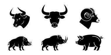 Boğalar, bir koç, domuzlar ve bir domuz da dahil olmak üzere altı farklı siyah hayvan silueti, çiftliği ve vahşi hayvanları temsil ediyor..