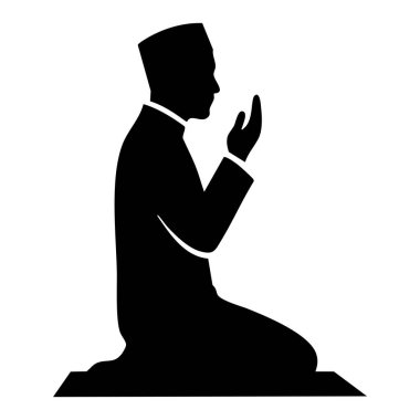 Müslüman bir adamın güçlü siyah silueti beyaz bir arka planda izole bir şekilde geleneksel diz çökme pozisyonunda dua ediyor..