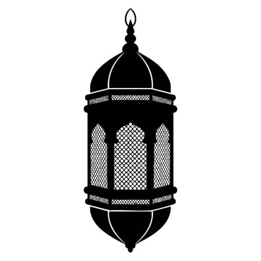 Süslü bir İslami fenerin güzel siyah silueti. Karmaşık desenler ve geleneksel tasarım içeriyor. Beyaz arka planda izole edilmiş..