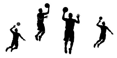 Çeşitli atlama ve atış pozisyonlarında basketbol oyuncularını sergileyen siyah siluet koleksiyonu,.