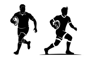 Rugby oyuncularının iki güçlü silueti, kararlılıkla topu taşıyorlar..