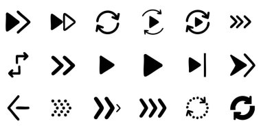Medya oynatıcısı için açık ve kısa bir siyah beyaz simge seti oyun, hızlı ileri ve çeşitli yönlü okların yanı sıra tazeleme gibi kontroller.