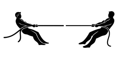 Güçlü bir siyah siluet çizimi, iki adamın klasik bir savaş çekişmesi çekişini gösteriyor. Güç, meydan okuma ve takım çalışmasını sembolize ediyor..