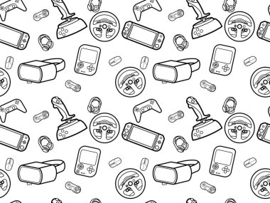 Video oyunu denetleyici oyun alanı arka plan özellikleri ve aygıtlar pürüzsüz şablon Modern Oyun Konsolu Kontrolcüleri Kusursuz Desen, Video Oyun Oyuncuları Aksesuar