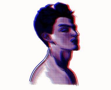 Eski erkek yüzü retro grunge yarım tonlu noktalı doku klasiklerinden izole edilmiş. Karışık medya tasarımı için siyah beyaz kolaj elementi kesilmiş.