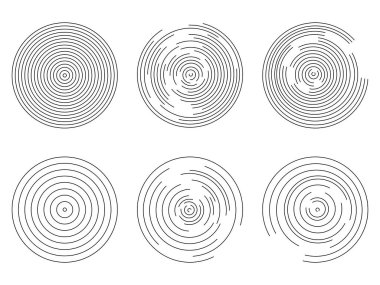 Yuvarlak logolardan oluşan büyük bir koleksiyon. Tasarım elemanı. Soyut Geometrik dairesel şekiller. Dönen yarıçap çizgileri koleksiyonu.