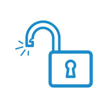 Kilitli Asma Kilit Simgesini aç. Erişim, izin, güvenlik durumu ve dijital özgürlük için anahtar deliği ve hareket çizgilerine sahip mavi açık kilit sembolü.