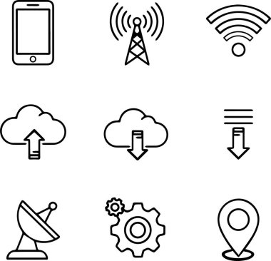 Modern mobil ağ çizgisi simgeleri. Bağlantı vektör kümesi, sinyal gücü, Wi-Fi ve teknoloji arayüzü için veri sembolleri.