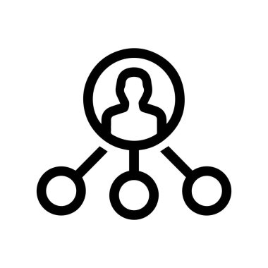 Minimalist organizasyon yapı ikonu. Kişinin siyah vektörü ve bağlı düğümler. Liderlik, yönetim veya sosyal ağ sembolü.