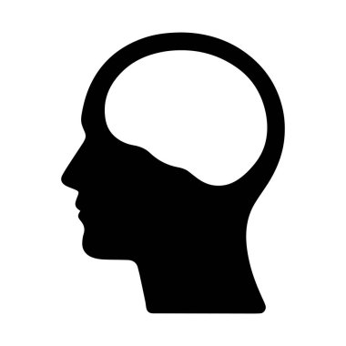 İnsan Zihni Simgesi. Psikoloji, zeka, bilişsel temalar ve zihinsel sağlık kavramları için profilde siyah ve beyaz bir kafa silueti.