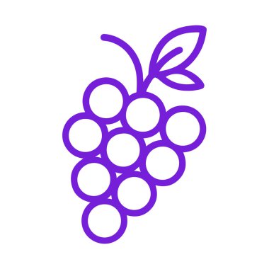 Üzüm Simgesi. Yapraklı bir üzüm kümesinin stilize edilmiş mor çizgi çizimi ve meyve, şarap temaları ve yemek çizimleri için sapı. Vektör sanatı.