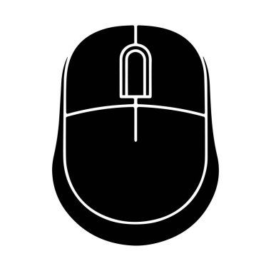 Bilgisayar Fare Simgesi. Siyah ve beyaz siluet, parşömen tekeri ve düğmeleri var. Kullanıcı Arayüzü, teknik veya girdi aygıtı temaları ve dijital navigasyon için vektör.