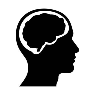 Beyin Profili Simgesi. Beyaz beyin hatları olan siyah siluet bir insan kafası. Psikoloji, zeka, nörobilim veya yaratıcılık kavramları için vektör.