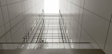 Manzara cam ve metalden yapılmış modern bir binayı ön plana çıkarıyor. Odak noktası dikey çizgiler ve camdan gelen ışık. Atmosfer açık ve havadar..