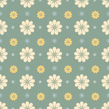 Hassas pastel desenler, sarı ve mavi çiçekli yeşil arka plan, papatyalar. Duvar kağıdı ve tekstil tasarımı için uygun.