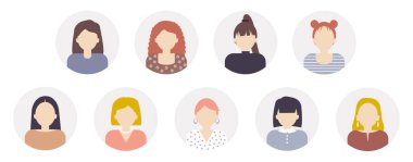 9 avatar simgesi seti. Sosyal medya, bloglar, forumlar, isimsiz grup sohbetleri veya çevrimiçi işler için yüzsüz kadın profili resimleri.