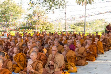 Budist rahipler 10 Mart 2015 'te Lumbini, Nepal' de dini bir tören sırasında ilahi söyleyip dua ediyorlar..