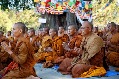 Budist rahipler 10 Mart 2015 'te Lumbini, Nepal' de renkli bayraklarla süslenmiş kutsal bir ağacın yanında dua ediyorlar..
