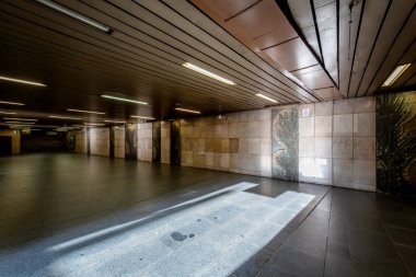 Prag 'daki A hattındaki Flora Metro İstasyonu. Şehir toplu taşıma sisteminin bir parçası olarak metro istasyonu ve yürüyen merdivenlerin mimari detaylarını gösteriyor.