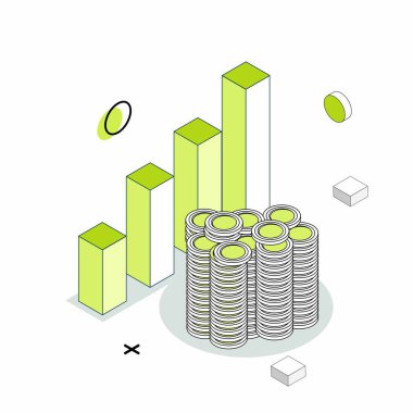 Taslak finans ve iş ikonları. Para biriktirmek ya da biriktirmek, yatırım simgeleri. Domuz kumbarası ikonu, izometrik tarzda. Vektör illüstrasyonu.