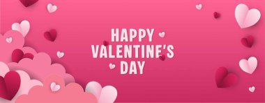 Pembe gökyüzü ve kağıt kesikli bulutları olan yatay bir pankart. Mesaj için yer var. Sevgililer Günü başlığınız kutlu olsun ya da kalpli satış makbuzu şablonunuz.