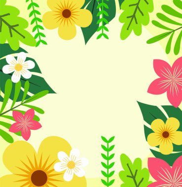 Bahar Arkaplanı. Bahar sezonu geçmişi. Poster, Banner, Flyer, Greeting, Card, cover, post, promosyon için çizgi film temsilcisi tasarımı. güzel ve renkli bitkiler, yapraklar ve çiçekler.