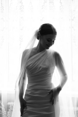 Bir gelin pencerenin yanında zarif bir şekilde durur, yumuşak ışıkla yıkanır. Özel gününe hazırlanırken üzerine uygun bir gelinlik ve uzun bir peçe takıyor..