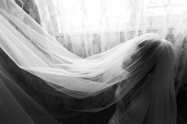 Bir gelin, parlak bir odada dantel bir perdeyle, peçesi yavaşça süzülüyor. Düğün törenine odaklanmış ve sabırla hazırlanıyor..