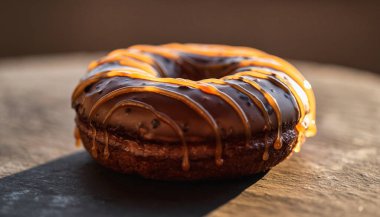 Karamelli çiseleme ile süslenmiş, ahşap bir yüzeyde dinlenen, zengin dokusunu ve tatlı çekiciliğini vurgulayan çikolatalı çöreğin yakın çekimi..