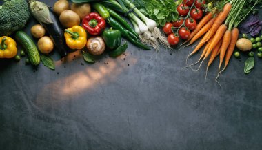 Canlı bir besin düzlüğü için üst kenar boyunca düzenlenmiş koyu bir arka planda taze sebze ve yeşilliklerin canlı bir karışımı.