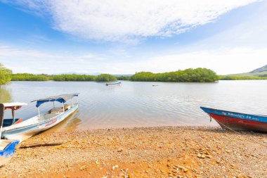 Panama Chorcha nehri, 19 Şubat, tahta turist tekneleri Chiriqui 'de kıyıya vurmuş. Çekim 19 Şubat 2021