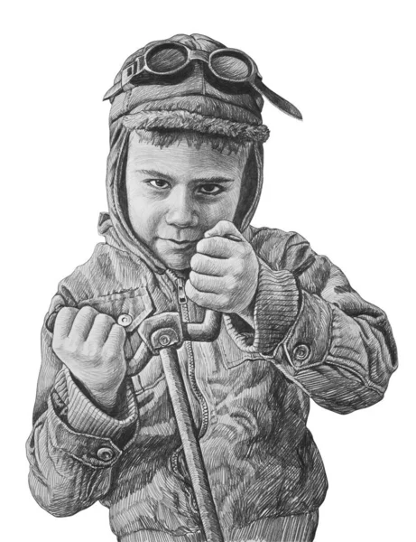 Boy Playing Pilot Simulates Control Airplane Pencil Drawing Isolated White — Stock Photo, Image