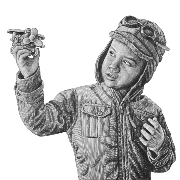 Boy Playing Pilot Holds Model Airplane His Hands Isolated White — Stock Photo, Image