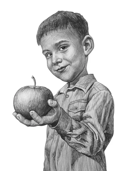 Симпатичный Мальчик Яблочным Фруктом Карандашная Иллюстрация — стоковое фото
