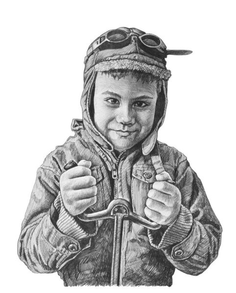 Мальчик Играет Пилота Имитирует Управление Самолетом Рисунок Карандаша Изолирован Белом — стоковое фото