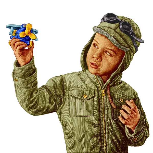 Мальчик Играет Пилота Держит Руках Модель Самолёта Изолированный Белом Фоне — стоковое фото