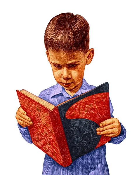 Мальчик Держит Книгу Учится Читать Иллюстрация Карандашом — стоковое фото