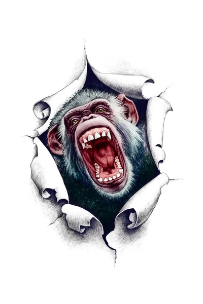 Шимпанзе Открытым Ртом Прорывается Сквозь Бумагу Идея Татуировки Печати Футболках — стоковое фото
