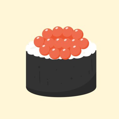 Ikura suşi çizgi filmi. Somon yumurtası ve nori illüstrasyonlu suşi. Lezzetli Japon yemeği. Duvar kağıdı ve çıkartma için kullanılabilir