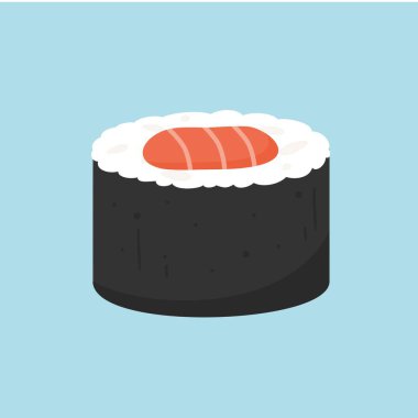 Somon dolu suşi rulosu vektör illüstrasyonu. Japon yemek karikatürü. Çıkartma ve duvar kağıdı olarak kullanılabilir
