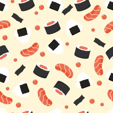 Onigiri ve suşi, nori ve somon dilimli, dikişsiz desenli. Şirin ve lezzetli yemek çizimi. Duvar kağıdı, kağıt ambalaj ve restoran dekorasyonu için kullanılabilir