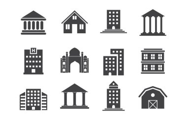Bina çizgisi simgeleri. Banka, otel, adliye. Şehir, gayrimenkul, mimarlık binaları ikonları. Hastane, kasaba evi, müze..