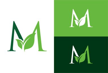 Yeşil eko harfli yapraklı M logosu. Alfabe alfabesinin doğal sembolü. şablon yaprağı logosu