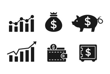 Finans simgeleri. İş simgeleri, para işaretleri. Para silueti koleksiyonu. Kart ikonlu cüzdan. Bozuk para silueti simgesi. Büyüme grafiği