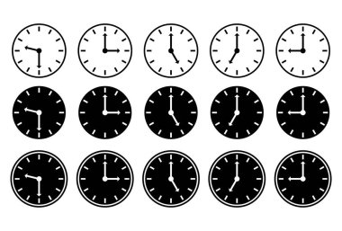 Saat simgesi ayarlandı. Saat simgeleri koleksiyonu. Beyaz arkaplanda çizgi saat simgesi izole