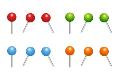 Şeffaf arkaplanda gölgeyle izole edilmiş pin ayarlandı. Vektör 3d kırmızı plastik raptiyeler, dikiş iğneleri