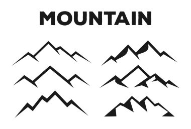 Dağların ikon vektörü ayarlandı. Yürüyüş, seyahat illüstrasyon işareti koleksiyonu