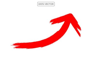 Kırmızı ok beyaz üzerine izole edildi. Fırça darbesi okları. Pürüzlü boya fırçası lekeleri dağınık boya lekeleri, el yazısı işaretleri.