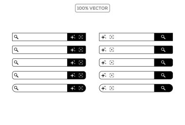 Arama barı. Metin alanı ve arama düğmesi olan tarayıcılar için Web UI ögeleri, mobil uygulama grafik ögeleri koleksiyonu. Vektör seti