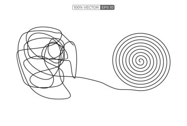 Kaos, karmaşa ve aralıksız bir çizgi çekme. Beyin fırtınası, akıl sağlığı, psikoloji, doğrusal vektör illüstrasyonunda denge